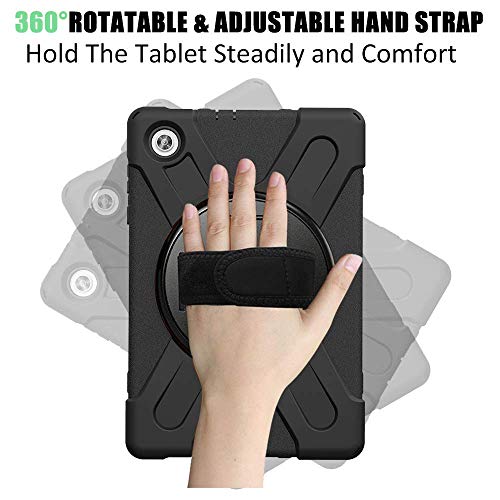 Junfire Heavy Duty Case for Lenovo Tab M10 HD (2nd Gen) 2020, 10.1 Inch Rugged Case with Strap Kickstand Shoulder Belt for TB-X306F/TB-X306X, Black