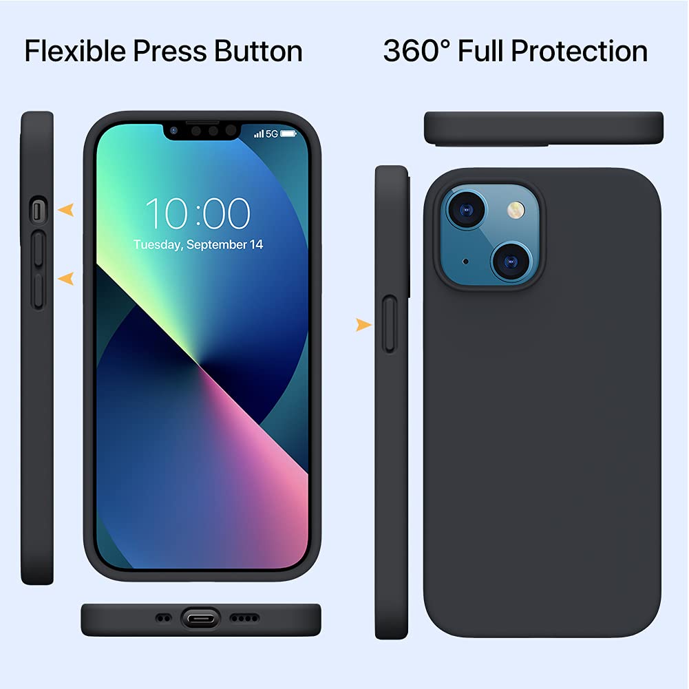 Miracase Flüssige Silikon Hülle kompatibel mit iPhone 13, 3 Schichte Silicone Handyhülle, Stoßfeste Schutzhülle Rundumschutz Cover Kratzfest Case, Unterstützt Kabelloses Laden, Schwarz