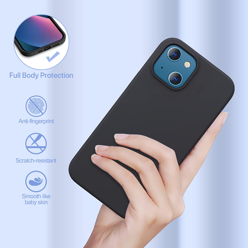 Miracase Flüssige Silikon Hülle kompatibel mit iPhone 13, 3 Schichte Silicone Handyhülle, Stoßfeste Schutzhülle Rundumschutz Cover Kratzfest Case, Unterstützt Kabelloses Laden, Schwarz