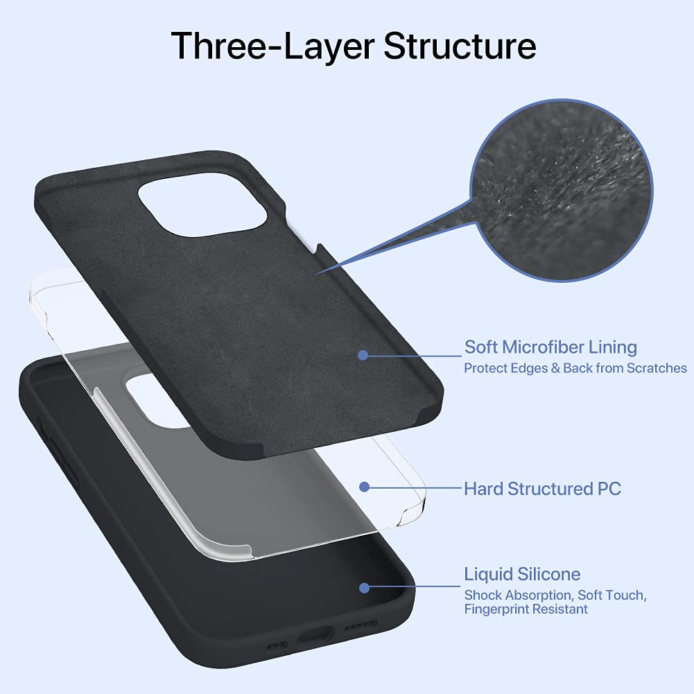 Miracase Flüssige Silikon Hülle kompatibel mit iPhone 13, 3 Schichte Silicone Handyhülle, Stoßfeste Schutzhülle Rundumschutz Cover Kratzfest Case, Unterstützt Kabelloses Laden, Schwarz
