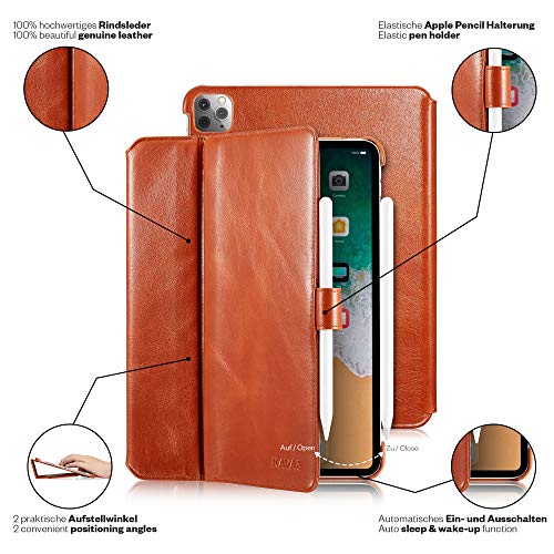 KAVAJ Lederhülle London geeignet für Apple iPad Pro 11" 2021/2020 Hülle Cover Cognac-Braun aus echtem Leder mit Stifthalter. Dünnes Echtleder Smart Case Schutzhülle Tasche