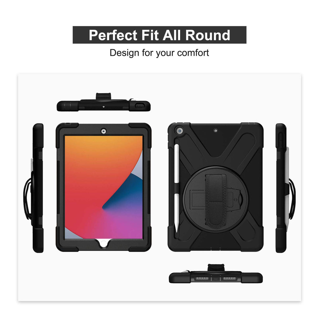 Gerutek Hülle für Neu iPad 10,2 Zoll (iPad 8. / 7. Generation), Stoßfeste Robust Panzerhülle mit Pencil Halter, Drehbar Stände, Handschlaufe, Schultergurt Schutzhülle für iPad 10,2" 2020/2019, Schwarz