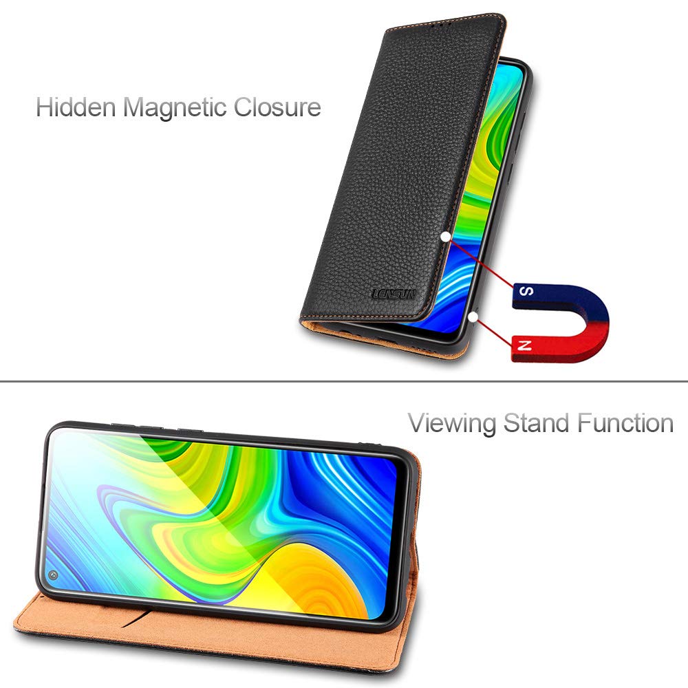LENSUN Echtleder Hülle für Xiaomi Redmi Note 9, Leder Handyhülle Magnetverschluss Kartenfach Handytasche kompatibel mit Xiaomi Redmi Note 9 – Schwarz(MN9-DC-BK)