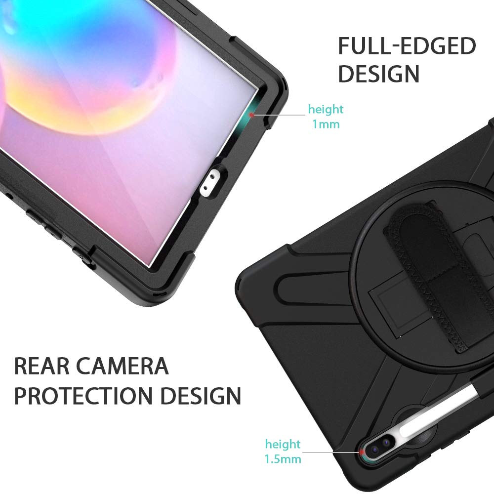 Gerutek Hülle Samsung Galaxy Tab S6 SM T860/SM T865 (10.5-Zoll), Stoßfeste Robust Panzerhülle mit Stifthalter, Drehbar Stände, Handschlaufe, Schultergurt Schutzhülle für Samsung Tab S6 10.5, Schwarz