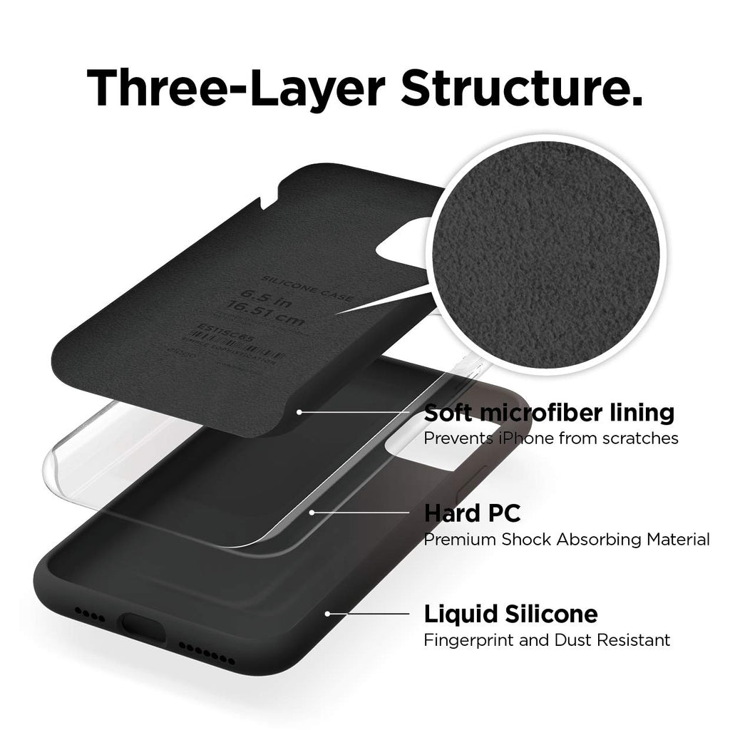 elago Liquid Silicone Case Kompatibel mit iPhone 11 Pro Max Hülle (6,5"), Silikon Handyhülle, Rundumschutz : 3-Layer Schutzhülle (Schwarz)