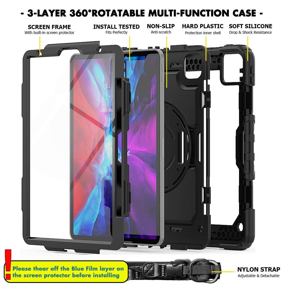 FSCOVER Hülle für iPad Pro 12,9 Zoll (5.Gen 2021/4. Generation 2020) 3 Layer Stoßfeste Robuste Schutzhülle für ipad 2021/2020 360 Drehbar Ständer Handschlaufe Schultergurt-Schwarz