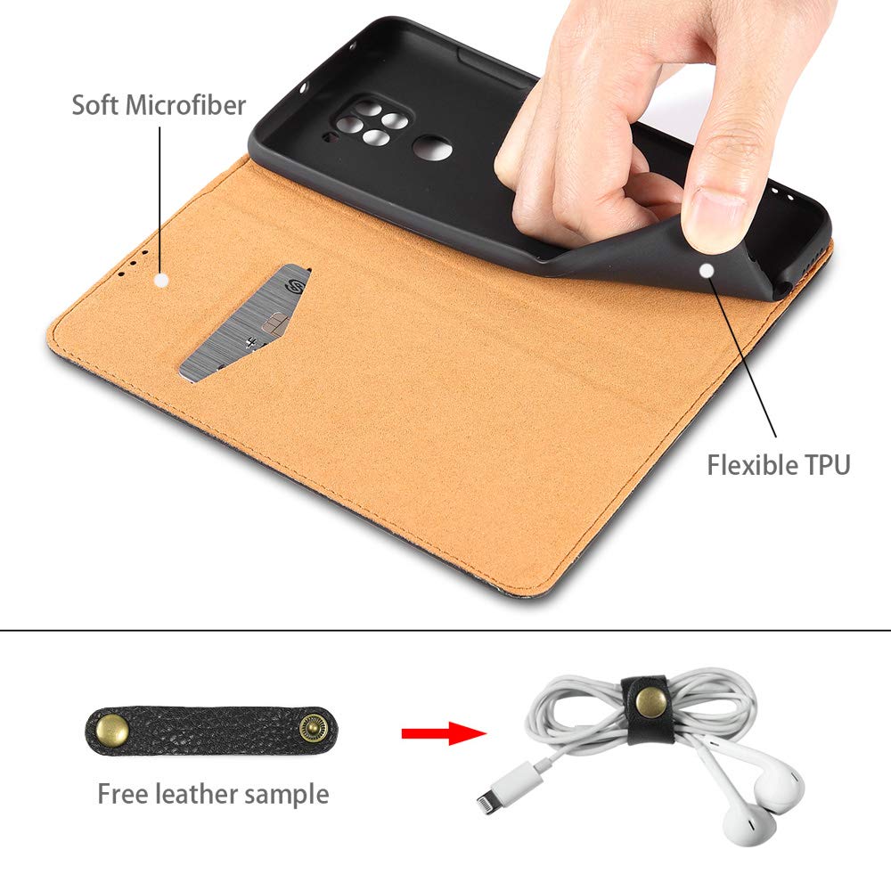 LENSUN Echtleder Hülle für Xiaomi Redmi Note 9, Leder Handyhülle Magnetverschluss Kartenfach Handytasche kompatibel mit Xiaomi Redmi Note 9 – Schwarz(MN9-DC-BK)