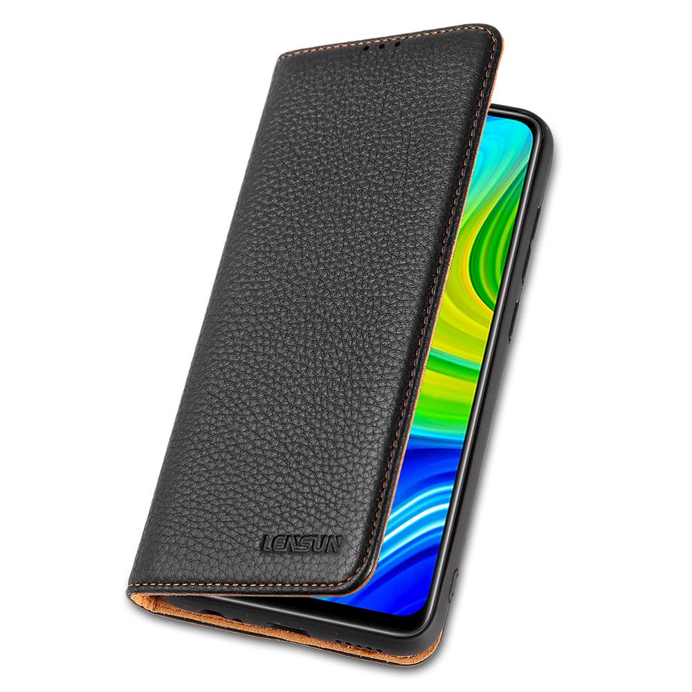 LENSUN Echtleder Hülle für Xiaomi Redmi Note 9, Leder Handyhülle Magnetverschluss Kartenfach Handytasche kompatibel mit Xiaomi Redmi Note 9 – Schwarz(MN9-DC-BK)