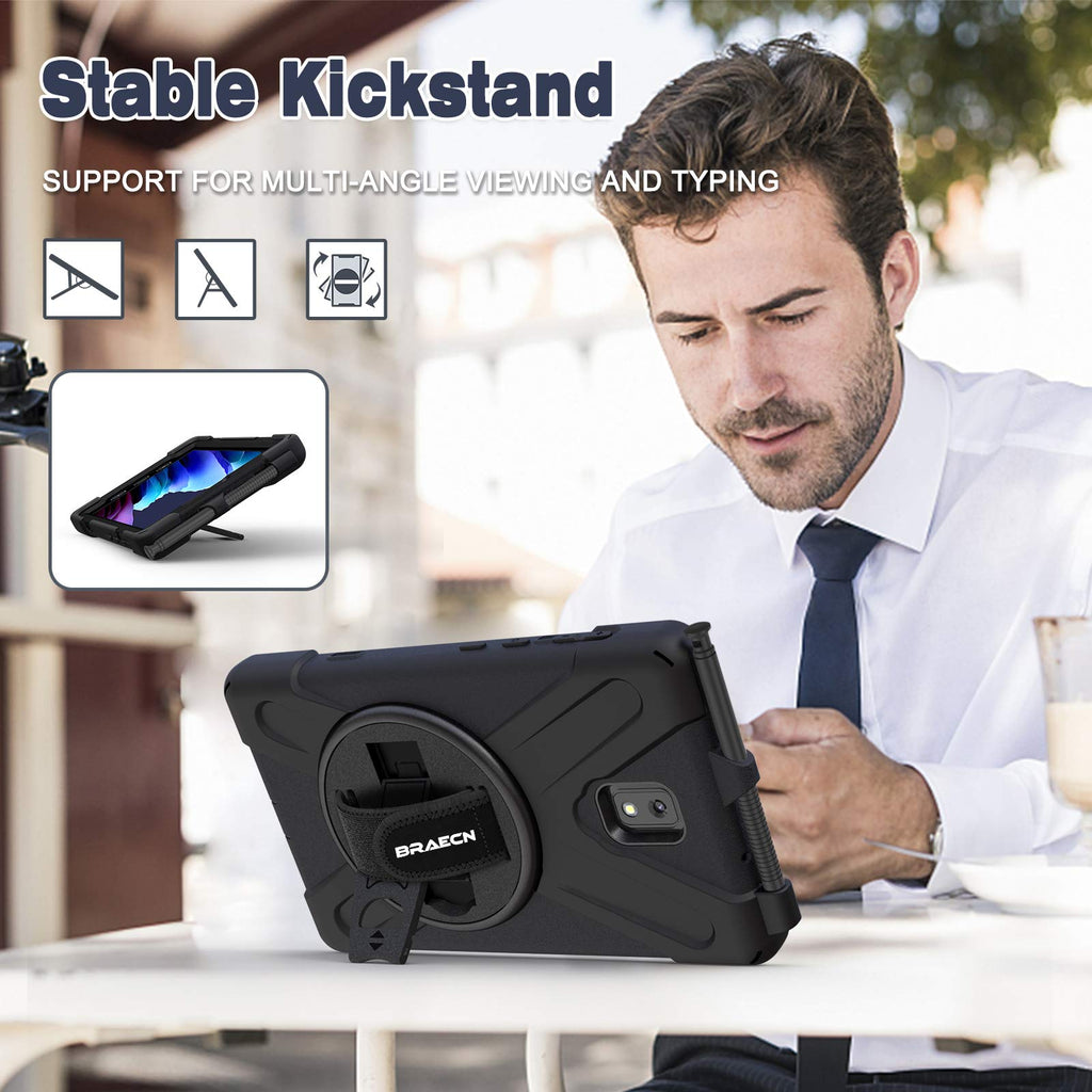 BRAECN Hülle für Samsung Galaxy Tab Active 3 8.0, Stoßfeste Robuste Tragbare Hülle mit 360° Drehbarem Ständer, Handgurt, Stifthalter und Schultergurt SM-T570/SM-T575/SM-T575N-Schwarz