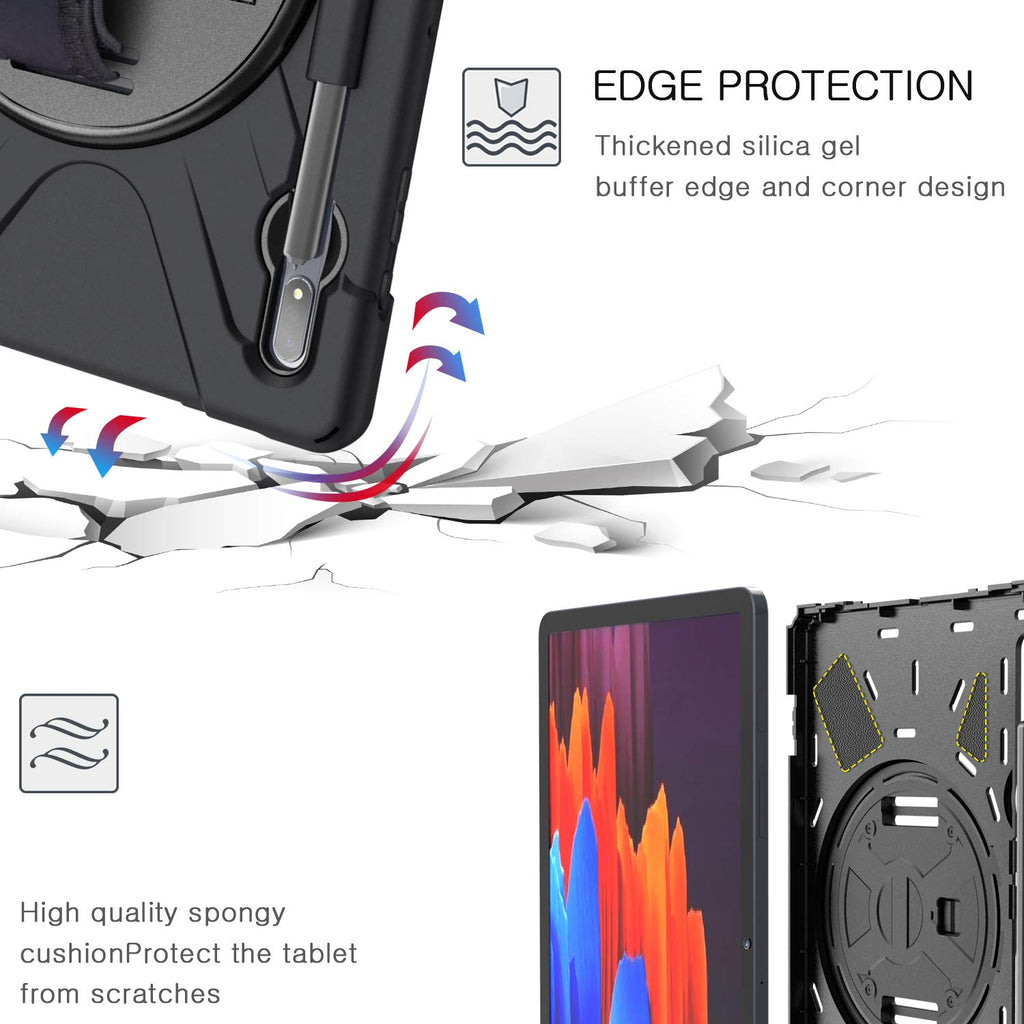 Gerutek Hülle Samsung Galaxy Tab S7+/S7 Plus 12.4 Zoll (T970/T975/T976), Stoßfeste Robust Panzerhülle mit Drehbar Stände, Handschlaufe, Schultergurt und Schutzhülle für Samsung Tab S7+ 12.4", Schwarz