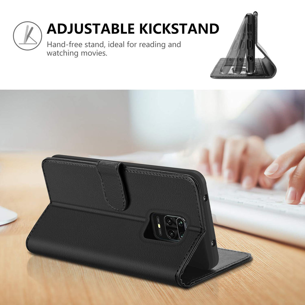 Vakoo Wallet Serie Handyhülle für Xiaomi Redmi Note 9S Hülle, Xiaomi Redmi Note 9 Pro Hülle, Schwarz