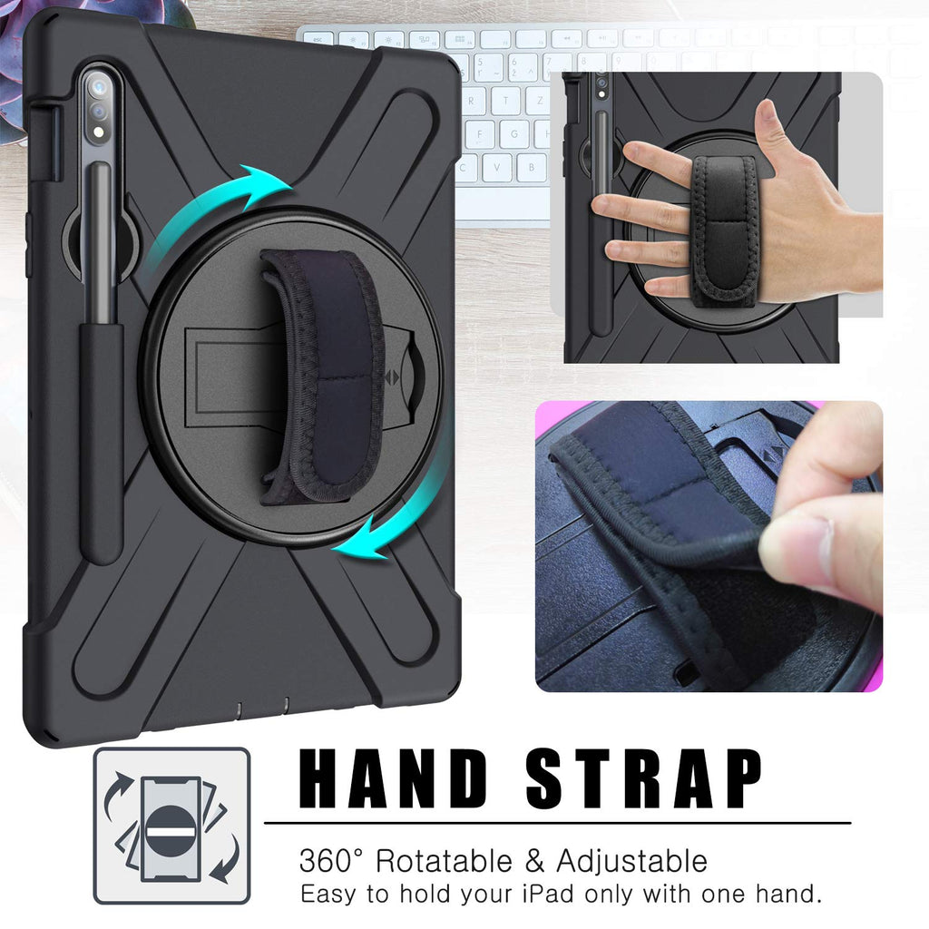 Gerutek Hülle für Samsung Galaxy Tab S7, Stoßfeste Robust Panzerhülle mit Stifthalter, Drehbar Stände, Handschlaufe, Schultergurt und Schutzhülle für Samsung galaxy Tab S7 11 Zoll SM-T870/875, Schwarz