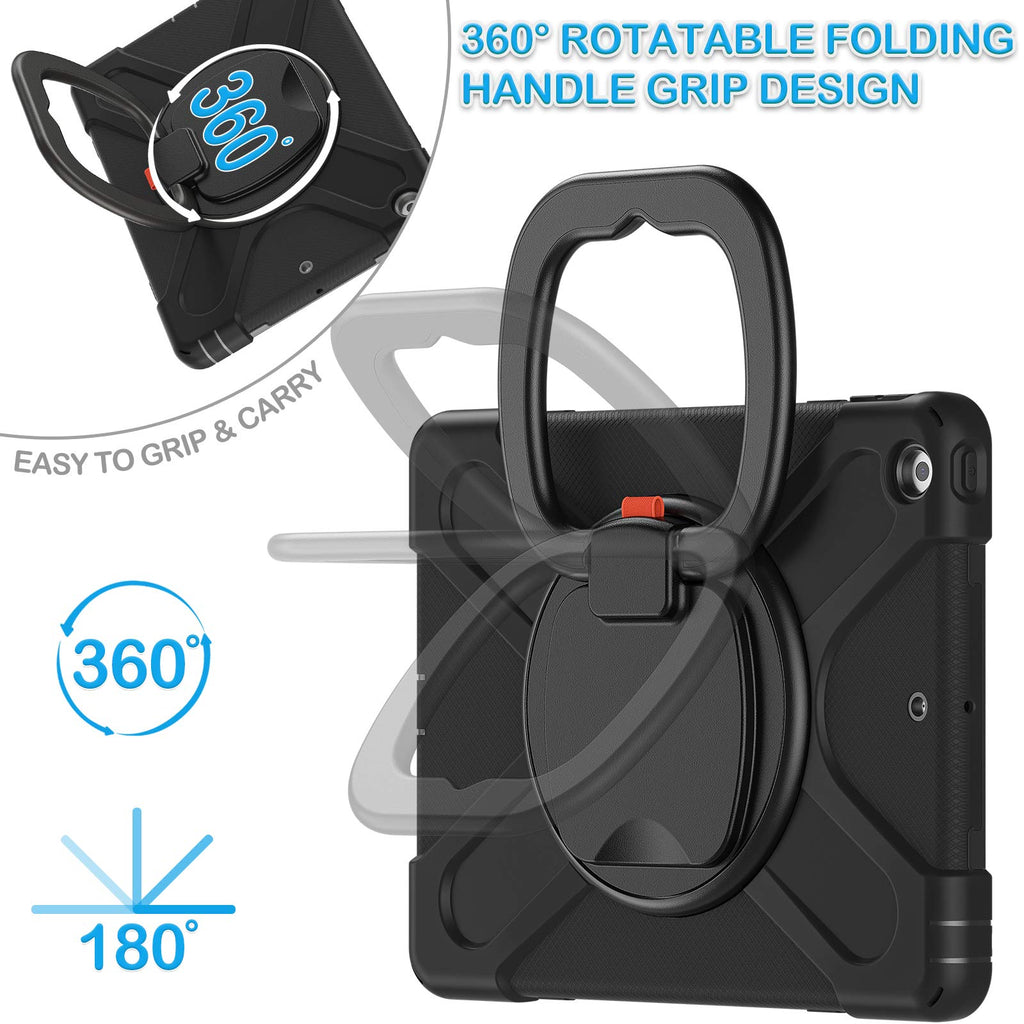 iPad 9th/ 8th/ 7th Generation Case (iPad 10.2 inch Rugged Case 2021/2020/2019) with Screen Protector, Rotating Stand/Pencil Holder/Carrying Shoulder Strap (Black)