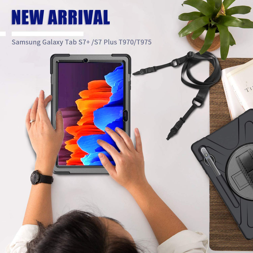 Gerutek Hülle Samsung Galaxy Tab S7+/S7 Plus 12.4 Zoll (T970/T975/T976), Stoßfeste Robust Panzerhülle mit Drehbar Stände, Handschlaufe, Schultergurt und Schutzhülle für Samsung Tab S7+ 12.4", Schwarz