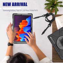 Laden Sie das Bild in den Galerie-Viewer, Gerutek Hülle Samsung Galaxy Tab S7+/S7 Plus 12.4 Zoll (T970/T975/T976), Stoßfeste Robust Panzerhülle mit Drehbar Stände, Handschlaufe, Schultergurt und Schutzhülle für Samsung Tab S7+ 12.4", Schwarz