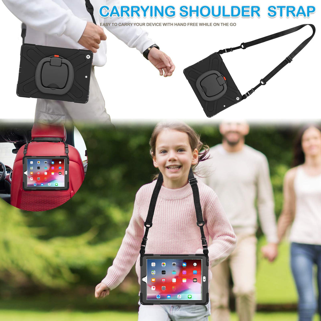 iPad 9th/ 8th/ 7th Generation Case (iPad 10.2 inch Rugged Case 2021/2020/2019) with Screen Protector, Rotating Stand/Pencil Holder/Carrying Shoulder Strap (Black)
