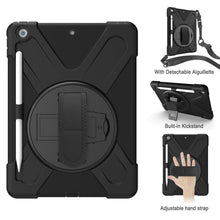 Laden Sie das Bild in den Galerie-Viewer, Gerutek Hülle für Neu iPad 10,2 Zoll (iPad 8. / 7. Generation), Stoßfeste Robust Panzerhülle mit Pencil Halter, Drehbar Stände, Handschlaufe, Schultergurt Schutzhülle für iPad 10,2" 2020/2019, Schwarz