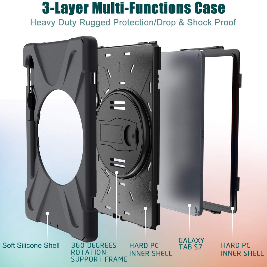 Gerutek Hülle für Samsung Galaxy Tab S7, Stoßfeste Robust Panzerhülle mit Stifthalter, Drehbar Stände, Handschlaufe, Schultergurt und Schutzhülle für Samsung galaxy Tab S7 11 Zoll SM-T870/875, Schwarz