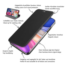 Laden Sie das Bild in den Galerie-Viewer, doupi Flip Case für iPhone 11 (6,1 Zoll), Deluxe Schutz Hülle mit Magnetischem Verschluss Cover Klapphülle Book Style Handyhülle Aufstellbar Ständer, schwarz