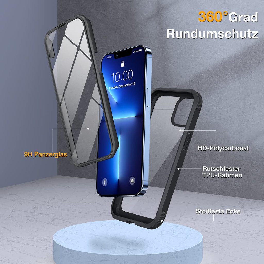 Miracase 360 Grad Hülle Kompatibel mit iPhone 13 Pro, Ganzkörper Schutzhülle mit eingebauter Glas Displayschutzfolie, Stoßfeste Fullbody Handyhülle, Schwarz