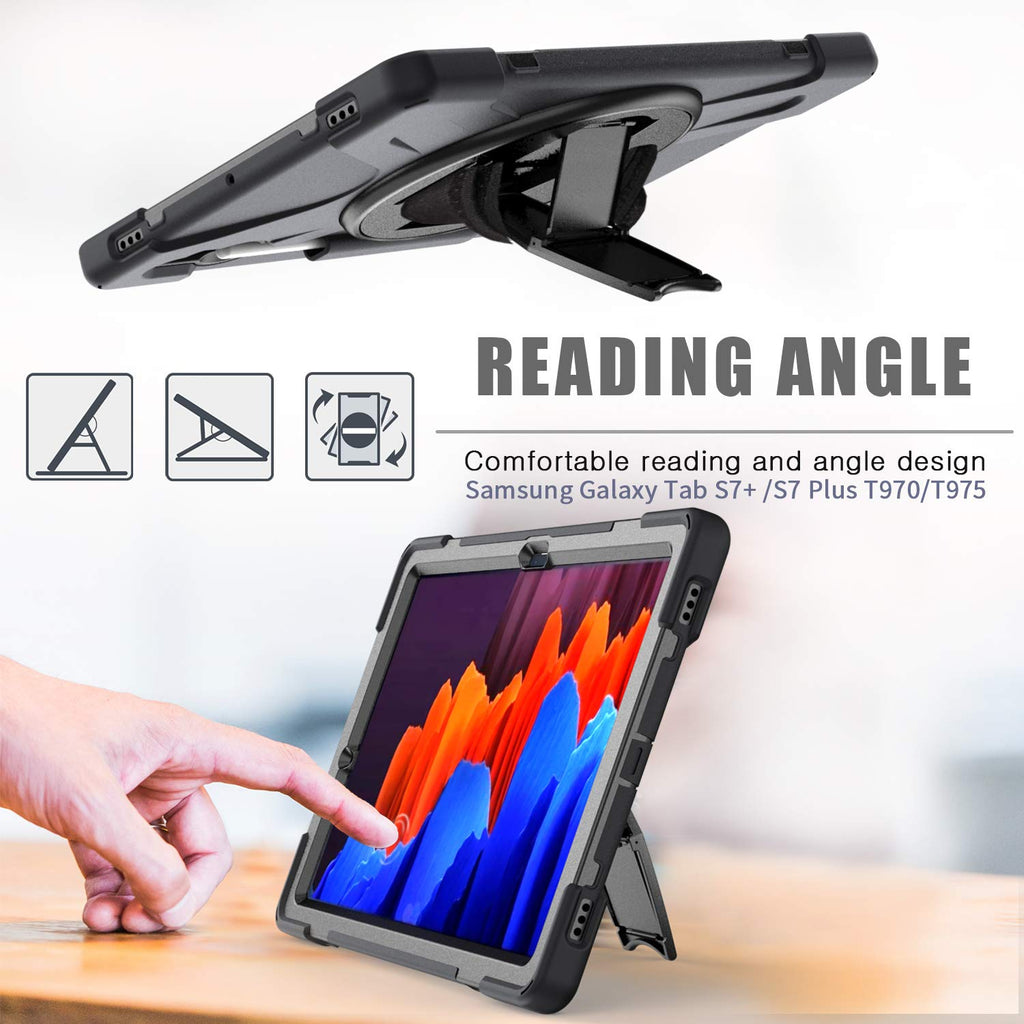 Gerutek Hülle Samsung Galaxy Tab S7+/S7 Plus 12.4 Zoll (T970/T975/T976), Stoßfeste Robust Panzerhülle mit Drehbar Stände, Handschlaufe, Schultergurt und Schutzhülle für Samsung Tab S7+ 12.4", Schwarz