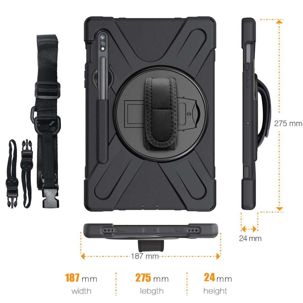 Gerutek Hülle für Samsung Galaxy Tab S7, Stoßfeste Robust Panzerhülle mit Stifthalter, Drehbar Stände, Handschlaufe, Schultergurt und Schutzhülle für Samsung galaxy Tab S7 11 Zoll SM-T870/875, Schwarz