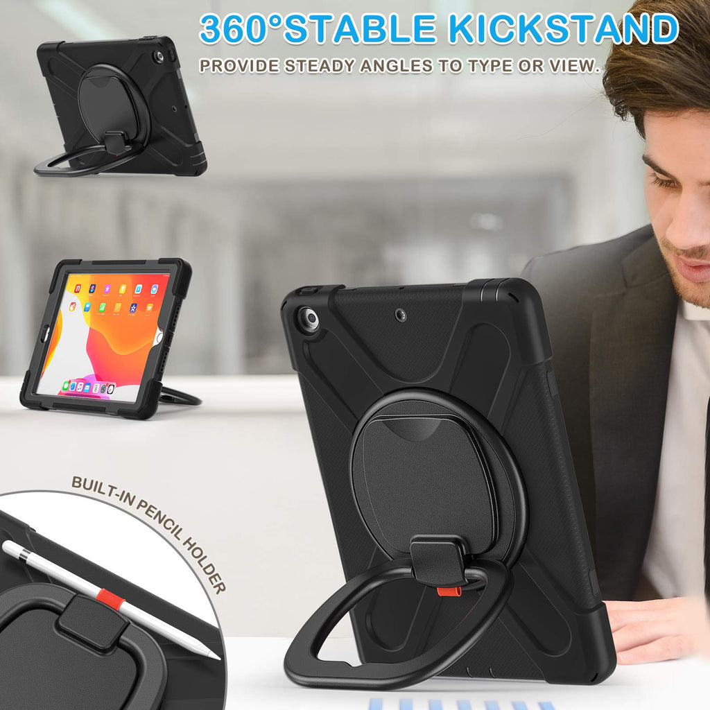 iPad 9th/ 8th/ 7th Generation Case (iPad 10.2 inch Rugged Case 2021/2020/2019) with Screen Protector, Rotating Stand/Pencil Holder/Carrying Shoulder Strap (Black)