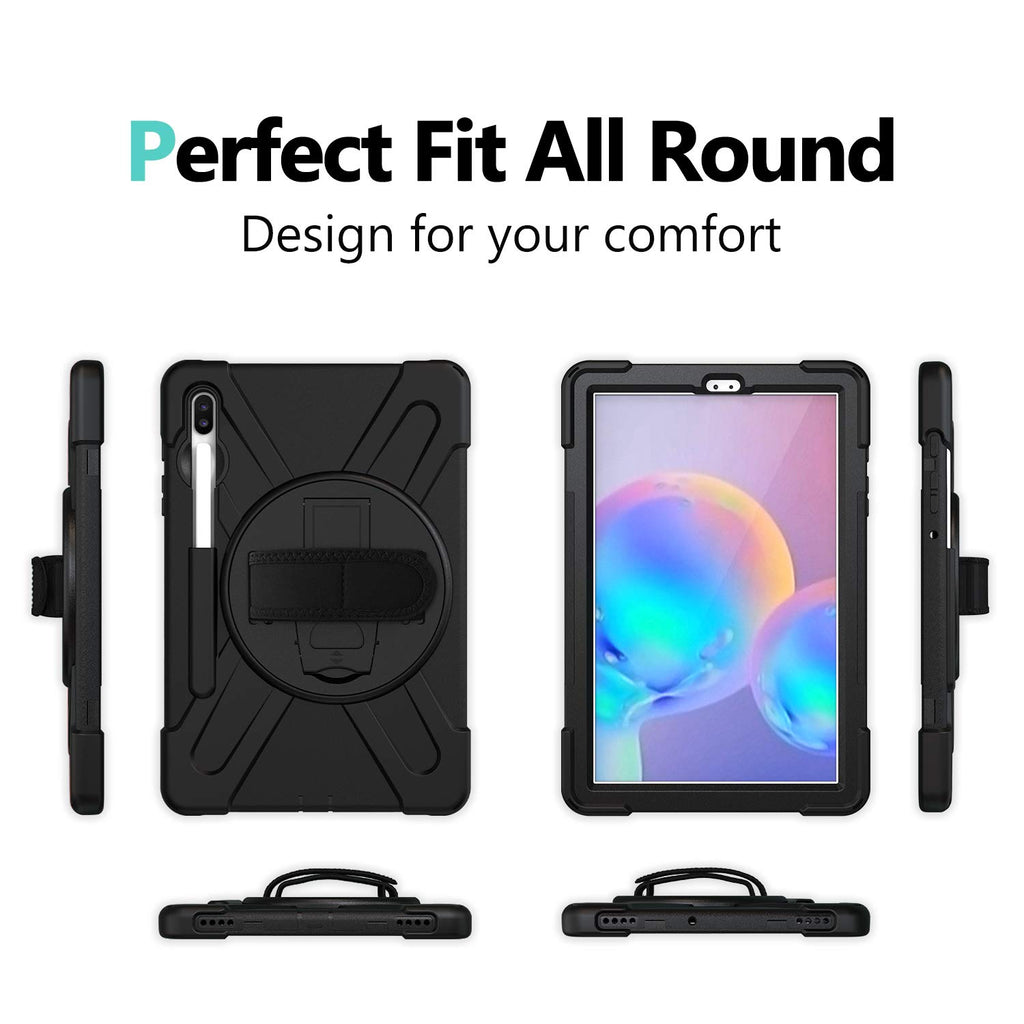 Gerutek Hülle Samsung Galaxy Tab S6 SM T860/SM T865 (10.5-Zoll), Stoßfeste Robust Panzerhülle mit Stifthalter, Drehbar Stände, Handschlaufe, Schultergurt Schutzhülle für Samsung Tab S6 10.5, Schwarz