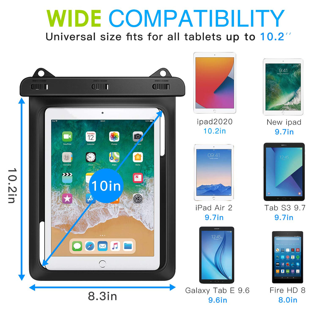 MoKo wasserdichte Hülle, wasserdicht Tablethülle PC Schutzhülle Tasche für iPad Mini 2019, iPad 9.7, Tab A 10/Tab A 9.7/Tab E 9.6/Tab S2 S3 9.7, bis zu 10,2 Zoll Tablets - IPX8, Schwarz