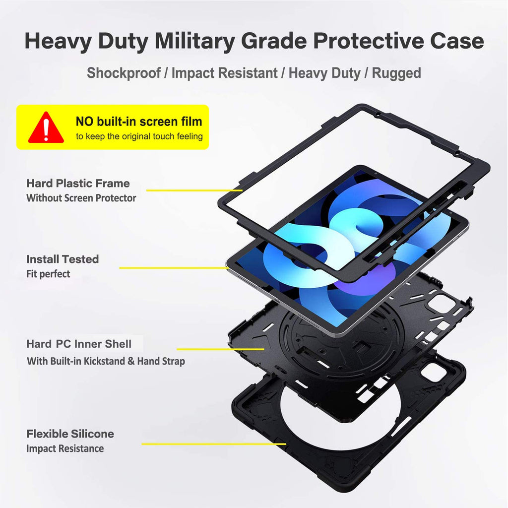 Gerutek Hülle iPad Air 10.9 2020 (4. Generation)/iPad Pro 11 (2020/2018), Stoßfeste Robust Panzerhülle mit Drehbar Stände, Handschlaufe, Schultergurt Schutzhülle für iPad Air 10.9/iPad Pro 11, Schwar