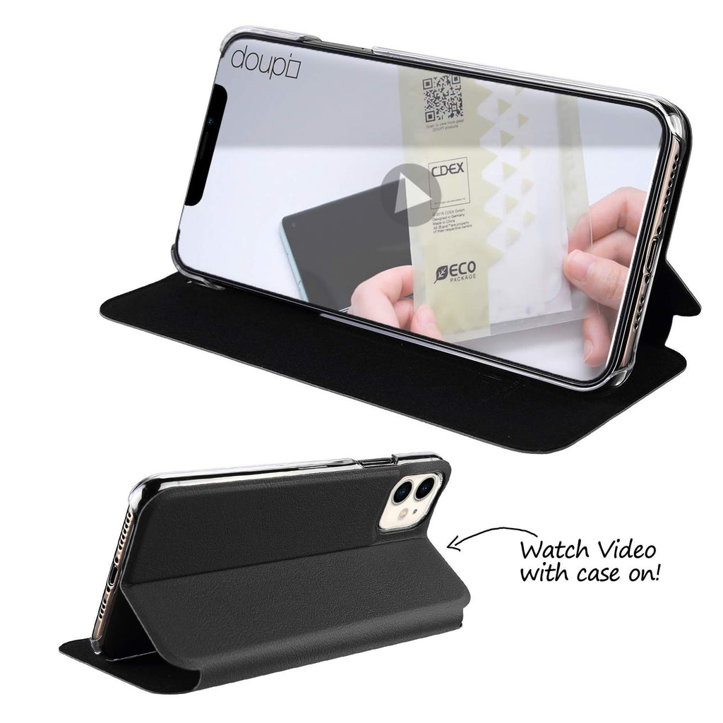 doupi Flip Case für iPhone 11 (6,1 Zoll), Deluxe Schutz Hülle mit Magnetischem Verschluss Cover Klapphülle Book Style Handyhülle Aufstellbar Ständer, schwarz