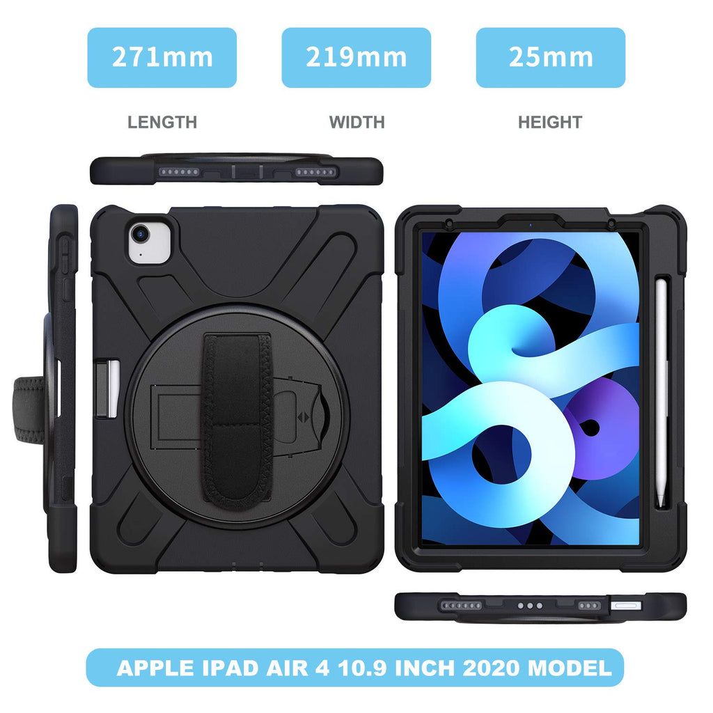 Gerutek Hülle iPad Air 10.9 2020 (4. Generation)/iPad Pro 11 (2020/2018), Stoßfeste Robust Panzerhülle mit Drehbar Stände, Handschlaufe, Schultergurt Schutzhülle für iPad Air 10.9/iPad Pro 11, Schwar