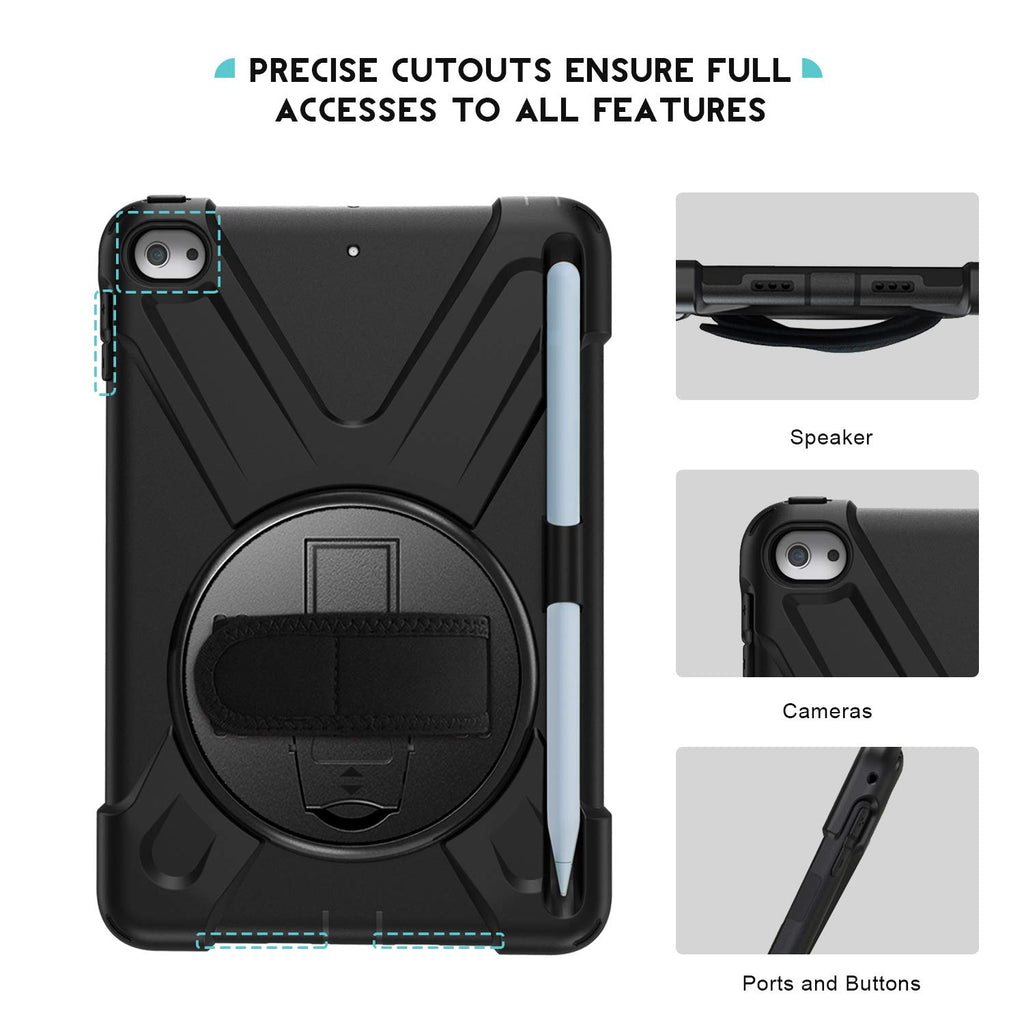 ProCase Hülle iPad Mini 5 th Gen/Mini 4 2015 Rundum Handschlaufe Case, Robust Heavy Duty Stoßfest Hybrid Full Body Schutzhülle Cover, mit 360°Drehständer und verstellbar Riemen Schultergurt –Schwarz