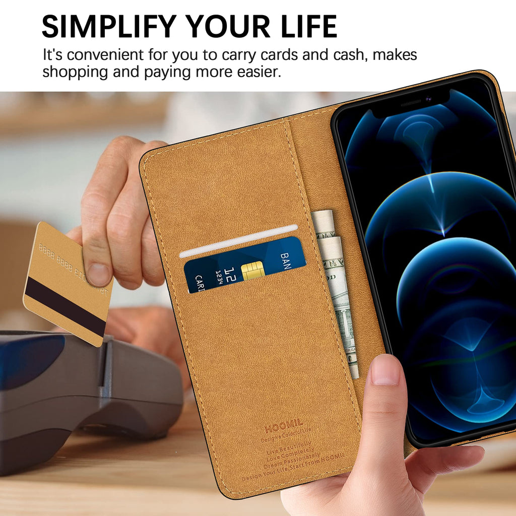 HOOMIL Kompatibel mit MagSafe Handyhülle für iPhone 12 Hülle, für iPhone 12 Pro Hülle, Leder Tasche Flip Case Schutzhülle für Apple iPhone 12/12 Pro - Schwarz