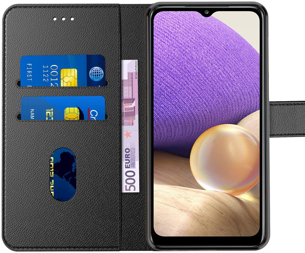 AURSTORE Handyhülle Kompatibel Mit Samsung Galaxy A32 5G Hülle, Premium PU Leder Schutzhülle Abdeckung, Magnetverschluss,Tasche Leder Flip Case Brieftasche Etui für (Samsung A32 5G, Schwarz Book)
