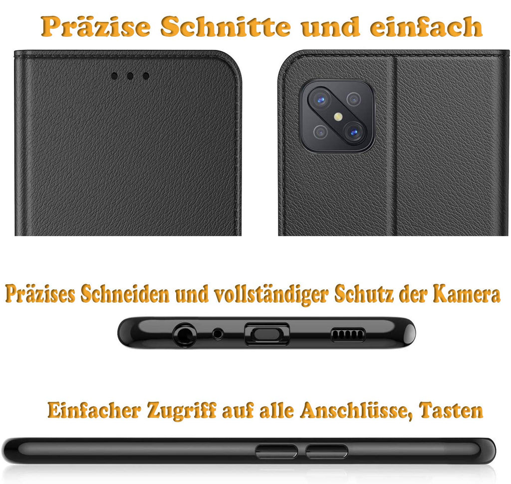 AURSTORE Handyhülle für Oppo Reno4 Z 5G Hülle, Premium PU Leder Bookcase, mehrere Farben, Tasche Kunstleder Flip Case Brieftasche Etui Schutzhülle Kompatibel Mit (Oppo Reno 4Z, Schwarz)