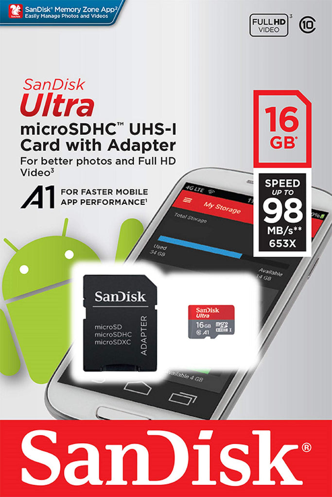 SanDisk Ultra 16GB microSDHC Speicherkarte + SD-Adapter mit A1 App-Leistung bis zu 98 MB/s, Klasse 10, U1
