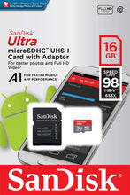 Laden Sie das Bild in den Galerie-Viewer, SanDisk Ultra 16GB microSDHC Speicherkarte + SD-Adapter mit A1 App-Leistung bis zu 98 MB/s, Klasse 10, U1