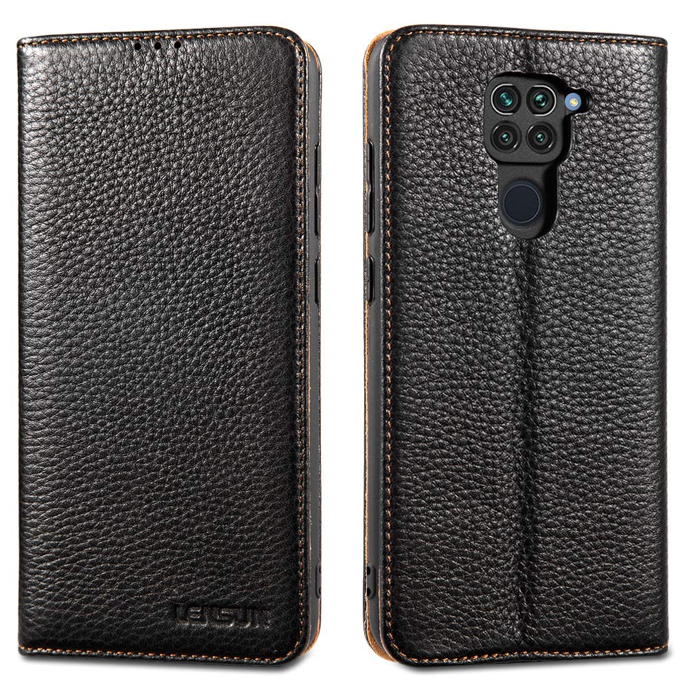 LENSUN Echtleder Hülle für Xiaomi Redmi Note 9, Leder Handyhülle Magnetverschluss Kartenfach Handytasche kompatibel mit Xiaomi Redmi Note 9 – Schwarz(MN9-DC-BK)