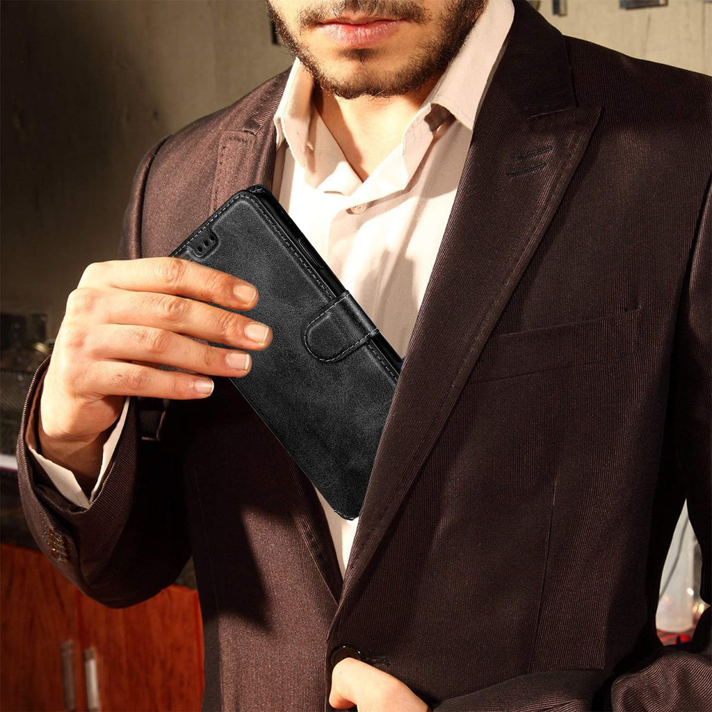 LeYi Hülle für Xiaomi Redmi 9C / 9C PU Leder Handyhülle Stoßfest Wallet Etui Magnet Schutzhülle Tasche Slim Silikon Soft Cover Bumper TPU Case für Handy Redmi 9C Matt Schwarz