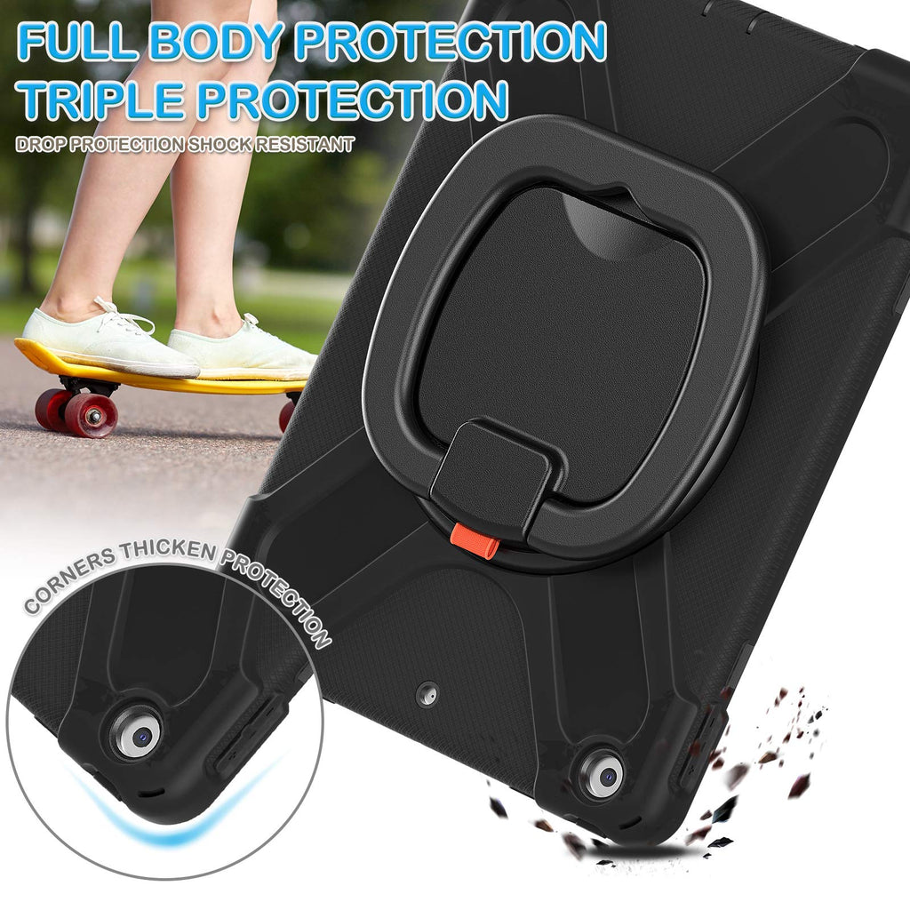 iPad 9th/ 8th/ 7th Generation Case (iPad 10.2 inch Rugged Case 2021/2020/2019) with Screen Protector, Rotating Stand/Pencil Holder/Carrying Shoulder Strap (Black)