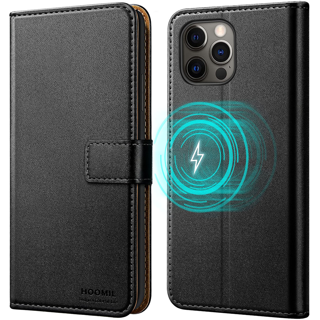 HOOMIL Kompatibel mit MagSafe Handyhülle für iPhone 12 Hülle, für iPhone 12 Pro Hülle, Leder Tasche Flip Case Schutzhülle für Apple iPhone 12/12 Pro - Schwarz
