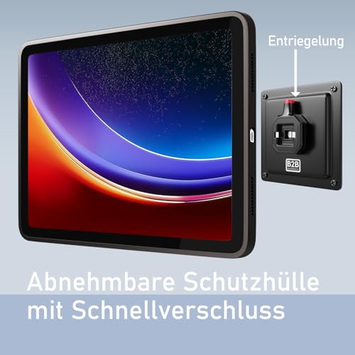 B2Bworkplace Tablet Halterung Wand kompatibel mit Samsung Galaxy Tab S9 / S9 FE - inkl. Schutzhülle passgenau - vertikal & horizontal - flach - Schnellverschluss - Tablet Wandbefestigung Halter