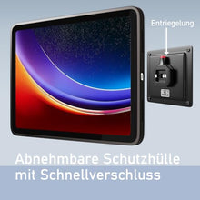 Laden Sie das Bild in den Galerie-Viewer, B2Bworkplace Tablet Halterung Wand kompatibel mit Samsung Galaxy Tab S9 / S9 FE - inkl. Schutzhülle passgenau - vertikal &amp; horizontal - flach - Schnellverschluss - Tablet Wandbefestigung Halter