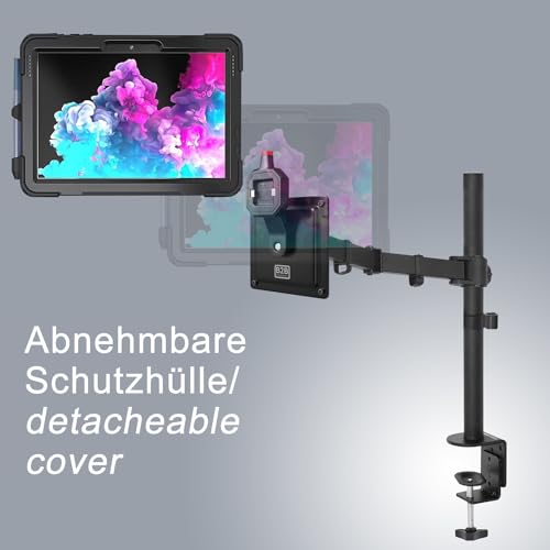 B2Bworkplace Tablethalterung kompatibel mit Microsoft Surface Go 2/3/4 - Tisch Tablet Halte mit Abnehmbarer Schutzhülle - höhenverstellbar & drehbar