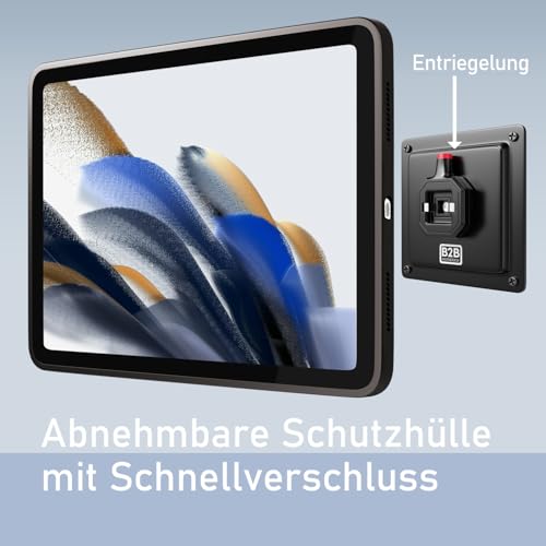 B2Bworkplace Tablet Halterung Wand kompatibel mit Samsung Galaxy Tab A8 - inkl. Schutzhülle passgenau - vertikal & horizontal - flach - Schnellverschluss - Tablet Wandbefestigung Halter