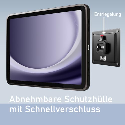 B2Bworkplace Tablet Halterung Wand kompatibel mit Samsung Galaxy Tab A9+ - inkl. Schutzhülle passgenau - vertikal & horizontal - flach - Schnellverschluss - Tablet Wandbefestigung Halter