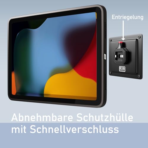 B2Bworkplace Tablet Halterung Wand kompatibel mit iPad 10,2" (9./8./7. Generation) - inkl. Schutzhülle passgenau - vertikal & horizontal - flach - Schnellverschluss - Tablet Wandbefestigung Halter