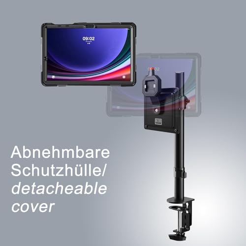 B2Bworkplace Tablethalterung kompatibel mit Samsung Galaxy Tab S9+ - Tisch Tablet Halte mit Abnehmbarer Schutzhülle - höhenverstellbar & drehbar