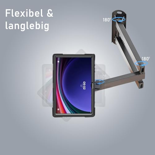 B2Bworkplace Wandhalterung kompatibel mit Samsung Galaxy Tab S9 Ultra - Tablet Halterung mit Abnehmbarer Schutzhülle - mit Schwenkarm und drehbar